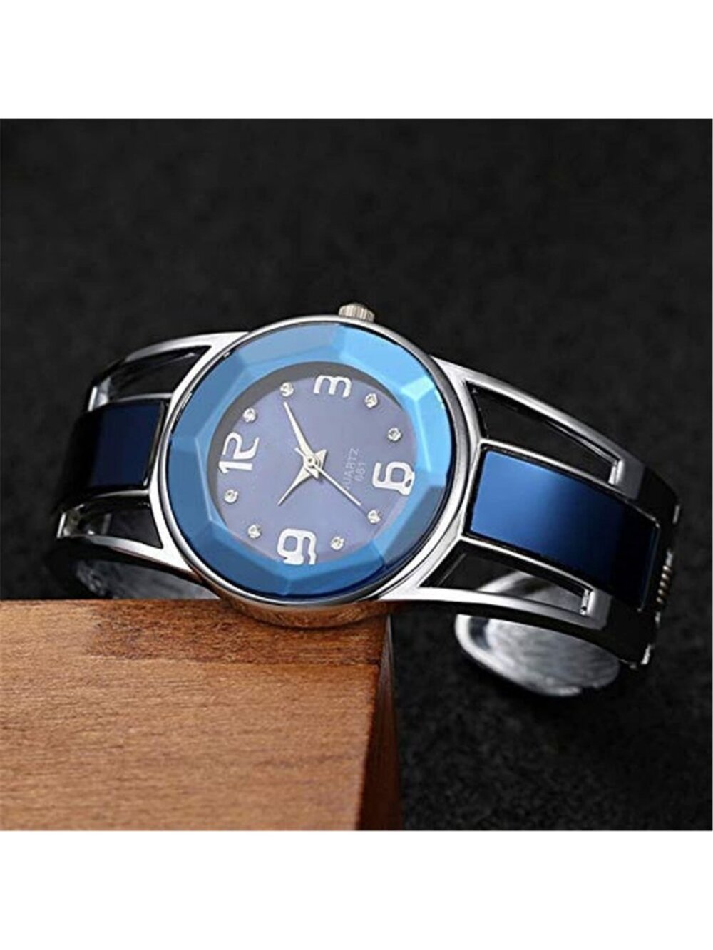 Women's Blue Quartz with Rhinestone Round Dial Stainless Steel Band Cuff Watch - Picture 7 of 7